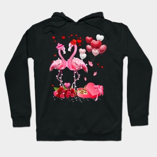 Happy Valentine's Flamingo Couple Red Roses Heart Balloons Hoodie